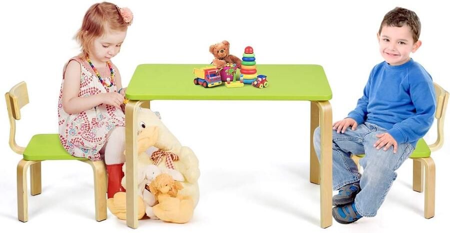 Kindertafel met 2 stoelen massief houten zitgroep voor jongens en meisjes 3-delig kindermeubel voor kinderkamer en speelkamer voor 3 12 jaar (groen + natuur)
