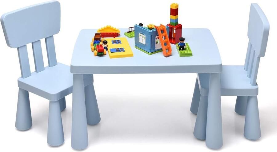 Kindertafel met 2 stoelen schattige kinderzitgroep van kunststof kindermeubel met rugleuning en ronde randen kindertafel en stoelset voor meisjes en jongens (blauw)