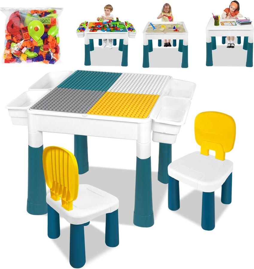 Kindertafel met 2 stoelen speeltafel met 163 stuks bouwstenen Dubbelzijdig tafelblad Multifunctionele activiteitentafel met opbergruimte Bouwtafel met 2 Opbergbakken