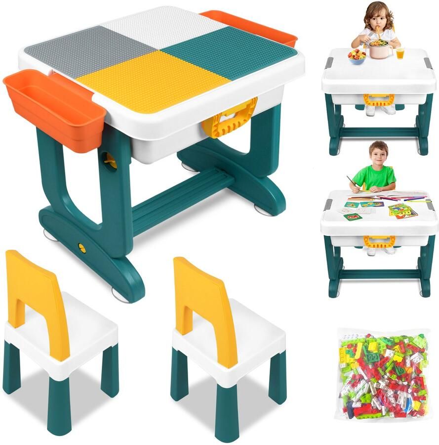 Kindertafel met 2 stoelen speeltafel met 300 stuks bouwstenen Dubbelzijdig tafelblad Multifunctionele activiteitentafel met opbergruimte Bouwtafel met 2 Opbergbakken
