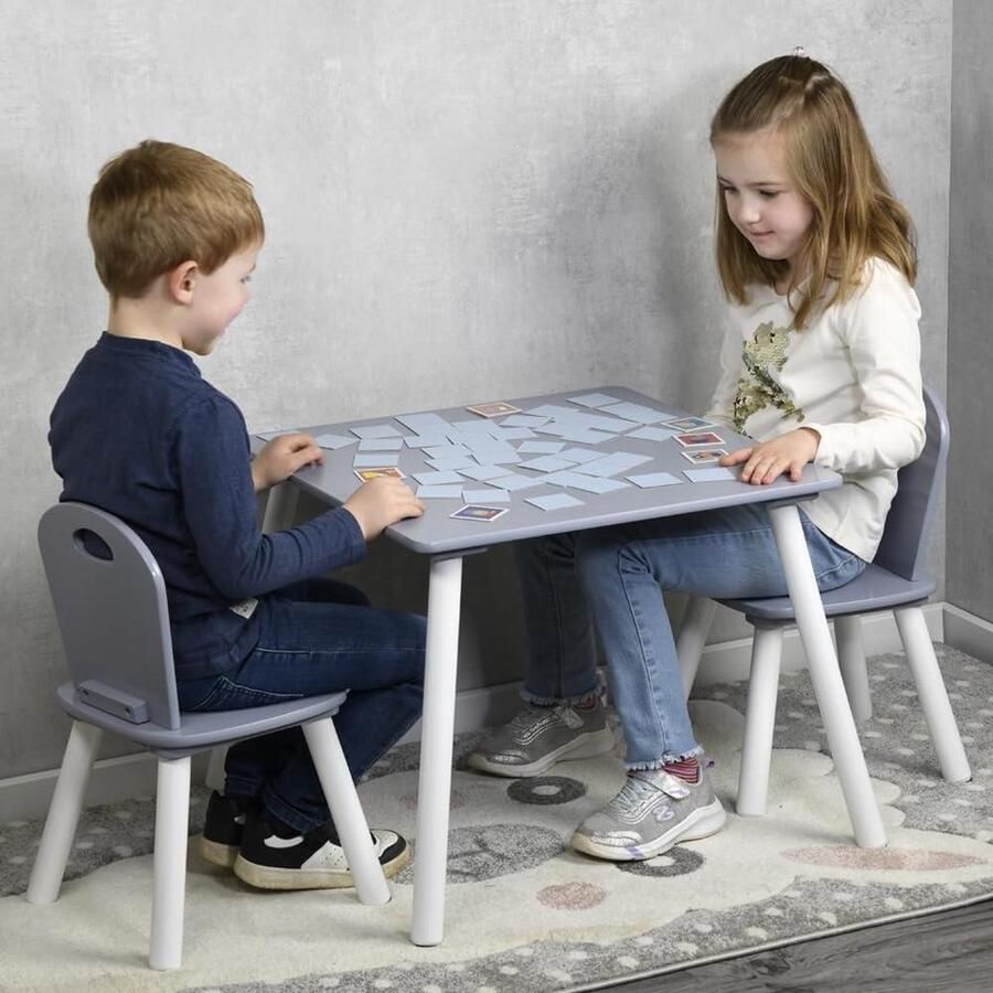 Kindertafel met 2 stoelen vezelplaat 55 x 55 x 45 cm wit grijs voor kinderkamer speelhoek