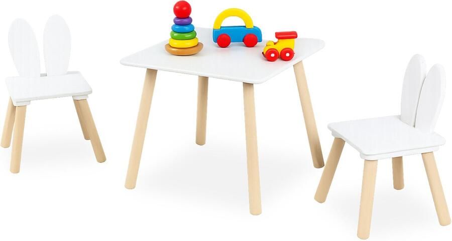 Kindertafel met 2 stoeltjes konijnenoren houten poten wit