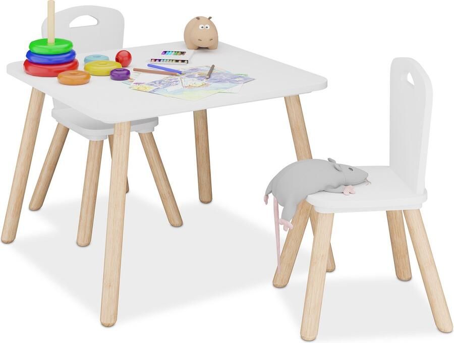 Relaxdays kindertafel met 2 stoeltjes zithoogte: 27 cm houten poten speeltafel