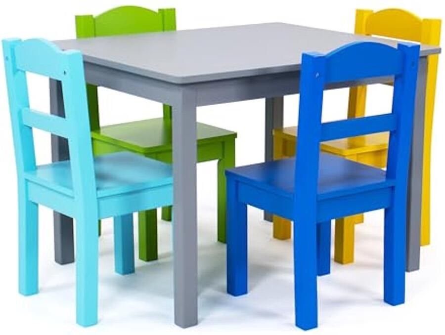 Kindertafel met 4 Stoelen voor Kinderen Houten Meubilair in Grijs Blauw Groen Geel (66x52x49 cm)