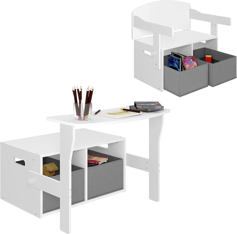 Kindertafel met bank – 2-in-1 kindermeubel met opbergvakken wit + grijs multifunctionele tafel en stoel