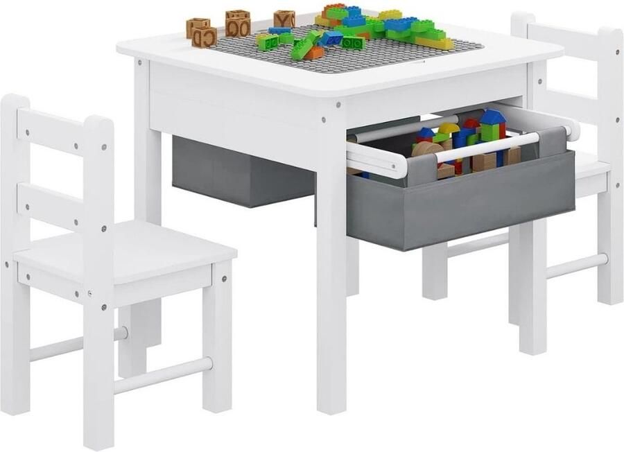 Kindertafel Met Opbergruimte Kindertafel met Stoeltjes – Activiteitentafel Kinderbureau Met 6 Opbergdozen – Kindertafelset bevat 1 Tafel En 2 Stoelen – Hout Wit