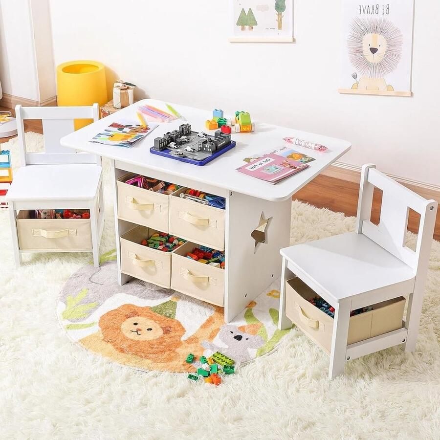 Kindertafel Met Opbergruimte Kindertafel Met Stoeltjes – Kinderbureau – Inclusief Bankje Met Veel Opbergruimte Set van 4: 1 x tafel + 2 x stoelen + 1 x kistbank