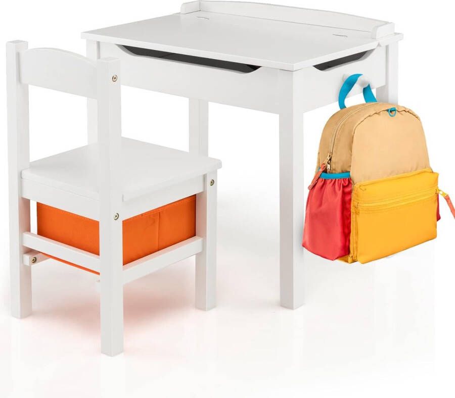 Kindertafel met stoel bureau van massief hout met inklapbaar tafelblad lade en haken activiteitstafel kinderzitgroep met opbergruimte voor kinderen vanaf 3 jaar (wit)