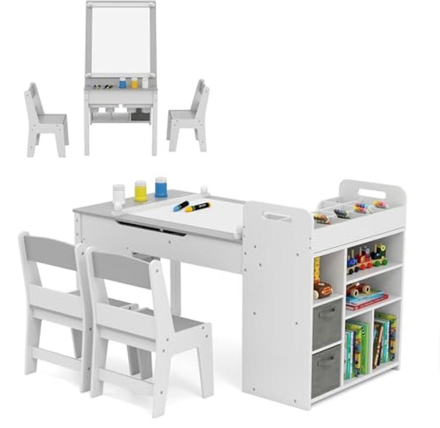 Kindertafel Set met 2 Stoelen en Papierrol Creatieve Speelruimte voor Kinderen