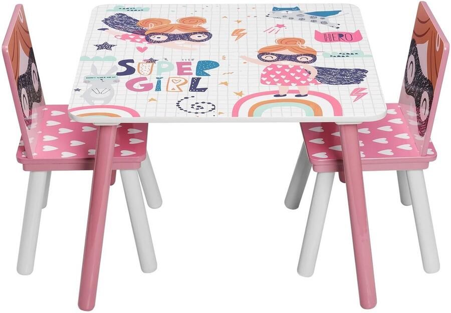 Kindertafel Set met 2 Stoelen Kinderbureau Roze Meisjes