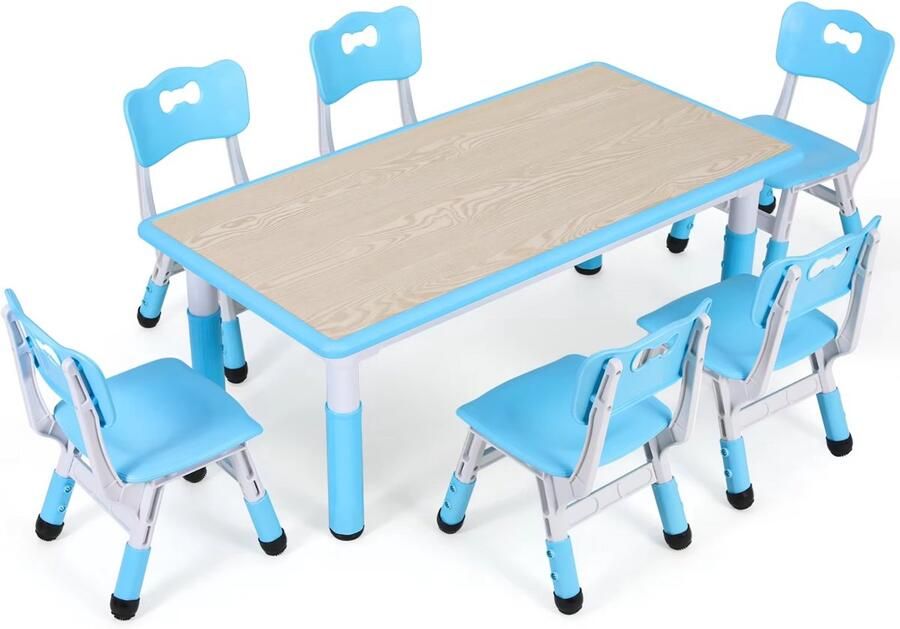 Kindertafel Set – Peuters & Kinderen – Blauw – HDPE & PVC – 120x60x60 cm – Inclusief 6 Stoelen – In Hoogte Verstelbaar – Multifunctioneel – Stevig & Eenvoudig Schoon Te Maken