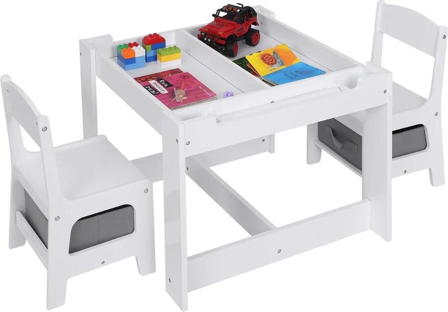 Kindertafel Speeltafel Kinderbureau 63 x 63 x 51 cm 2 Stoeltjes Voor kinderen Jongens & Meisjes Met 2-Delige Opbergruimte Wit