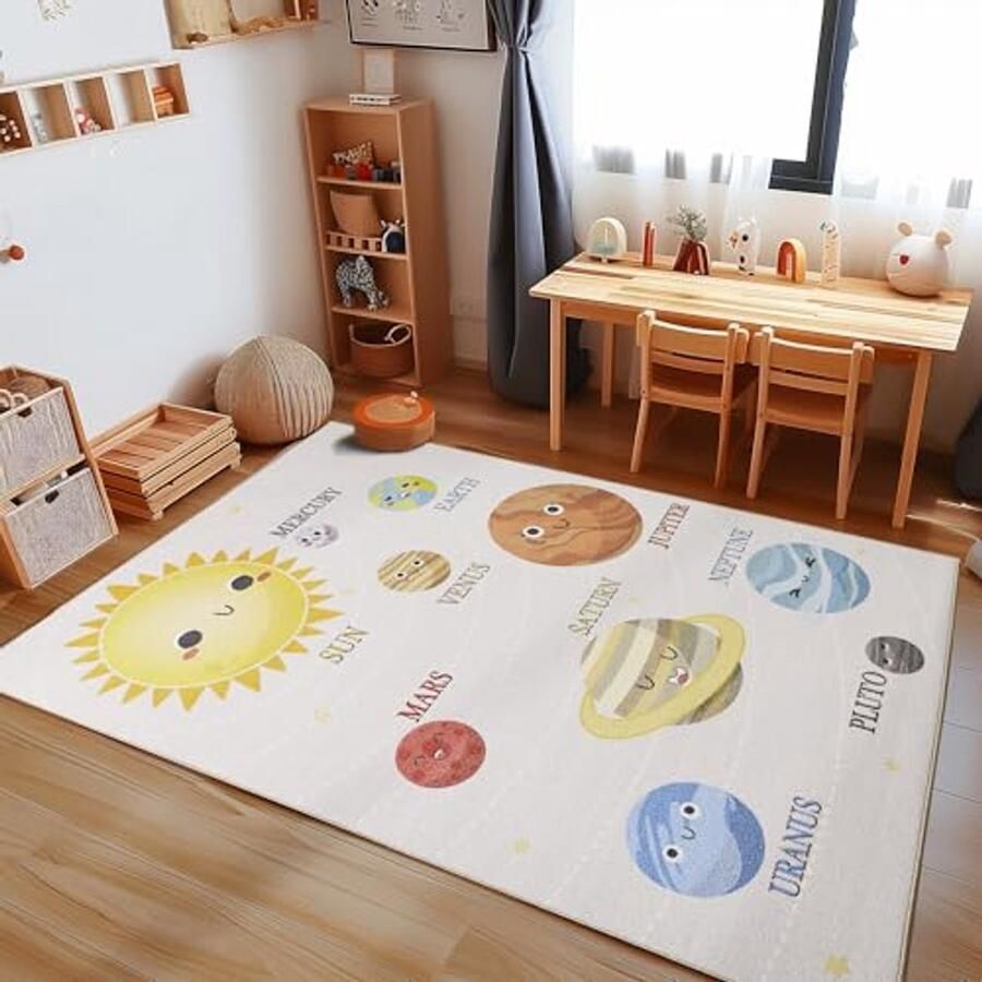 Kindertapijt met Planeetpatroon voor Jongens en Meisjes Beige 140 x 200 cm