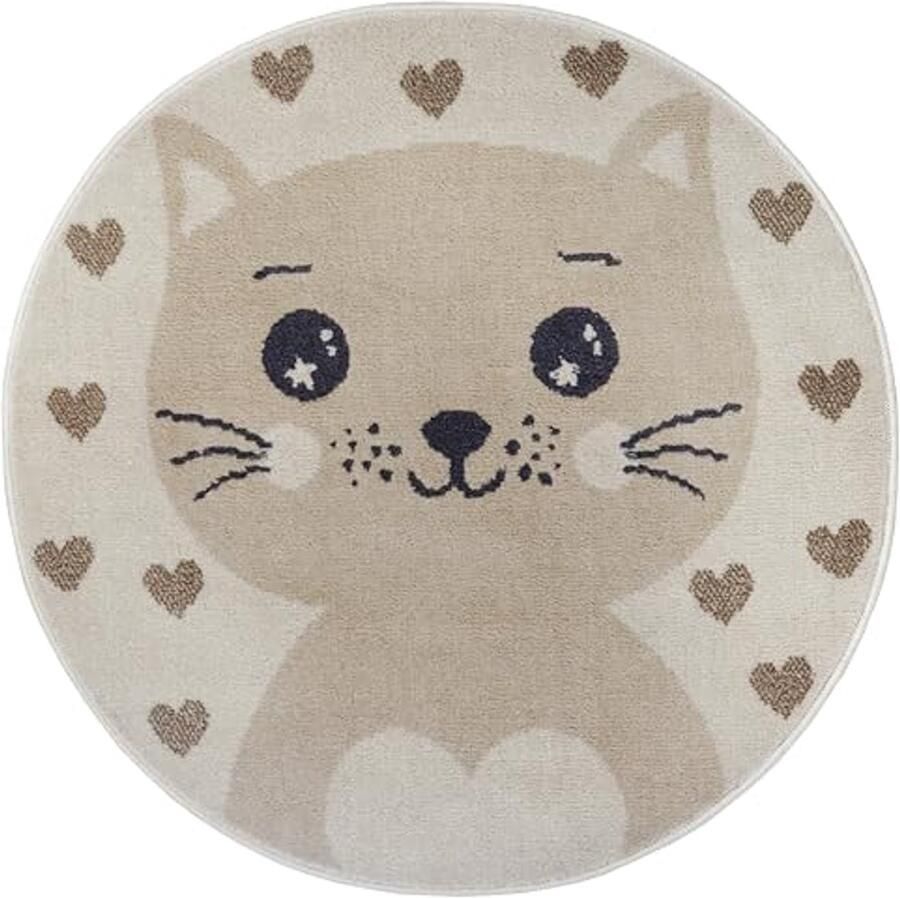 Kindertapijt rond met kattenharten patroon voor kinderkamer en speelkamer crème beige 140 cm