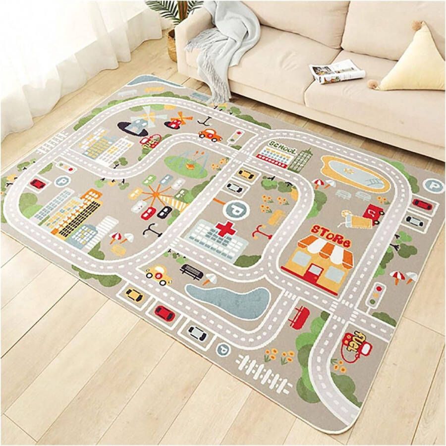 Kindertapijt spelen tapijt straat auto dier universum blauw groen grijs (100×160cm 39×63inch)