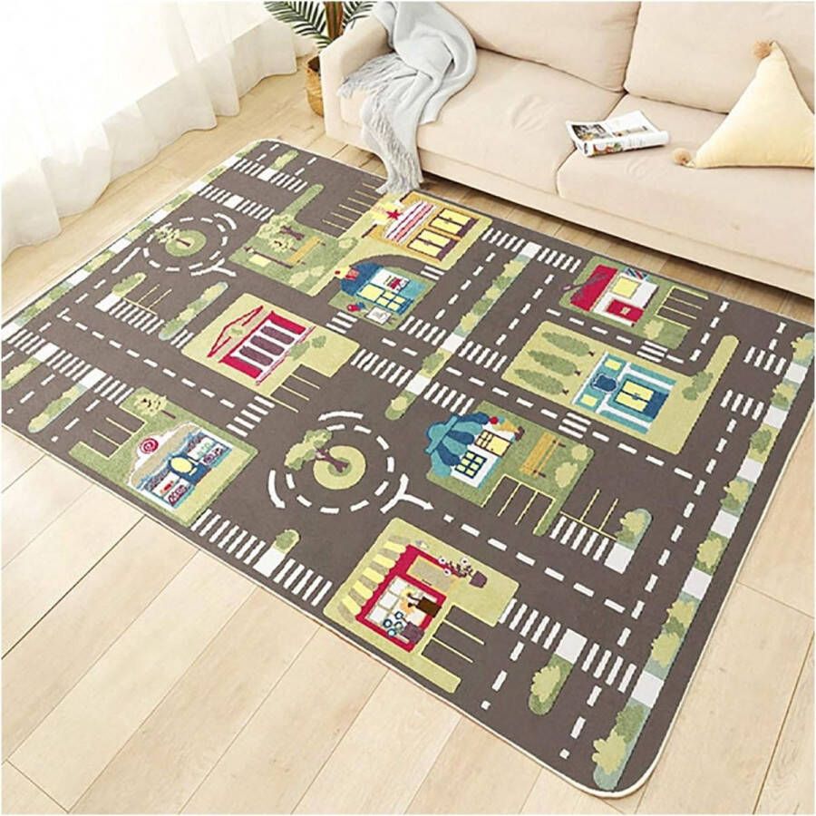 Kindertapijt spelen tapijt straat auto dier universum blauw groen grijs (80×120cm 31×47inch)