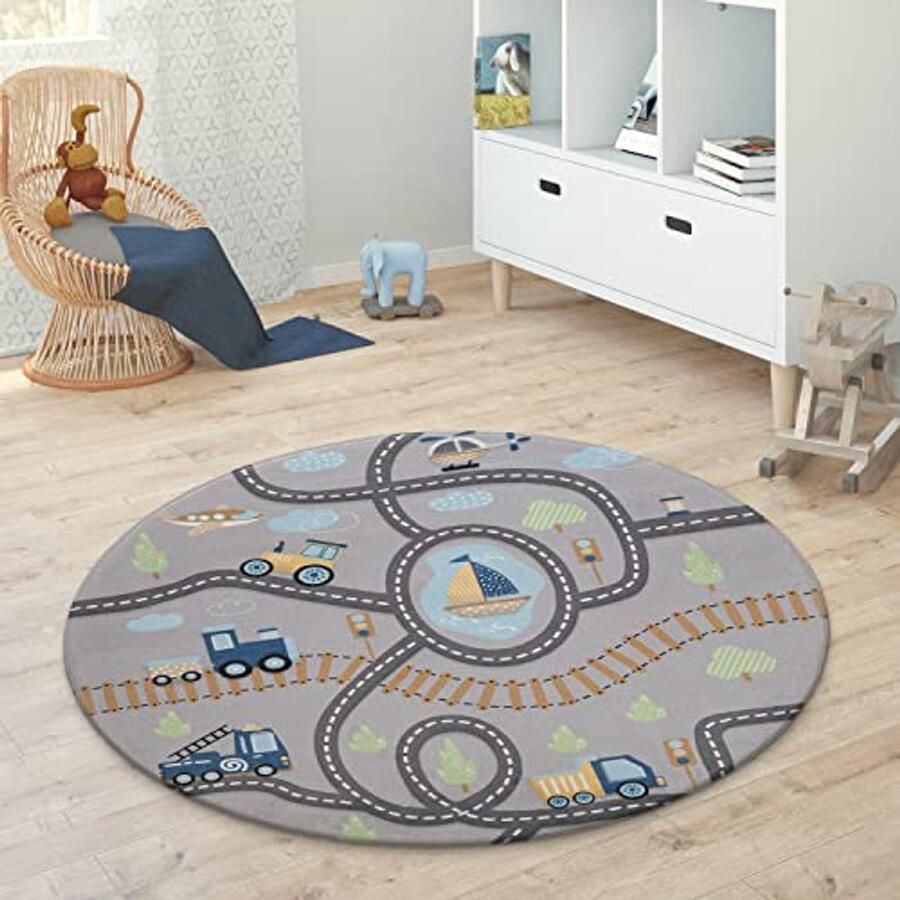 Kindertapijt Ster Maan Olifant Regenboog voor Kinderkamer Ø 120 cm Grijs