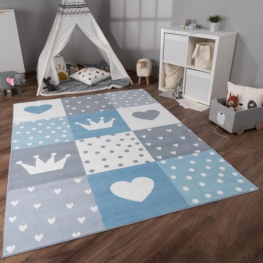 Kindertapijt Voor Kinderen Vloerkleed Antislip Regenboog Hart Stippen Blauw 80x150 cm