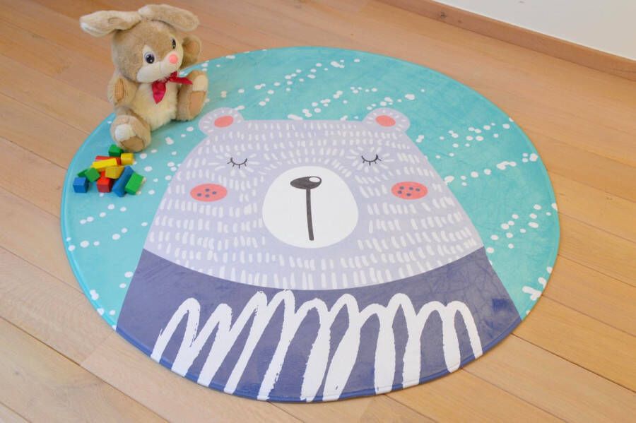 Kindertapijten.be Blauwe Beer Kindertapijt 130cm rond Ultrazacht Anti-slip Wasbaar Tapijt Kinderkamer Tapijt Kinderen Mat Kinderkamer Kindermat Rond Vloerkleed Kinderkamer Speelmat Speeltapijt Speelkleed Kindervloerkleed - Foto 2