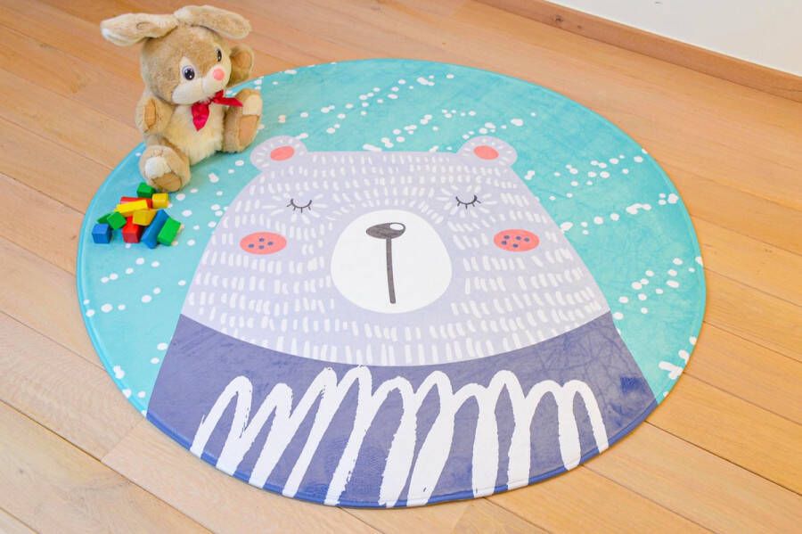 Kindertapijten.be Blauwe Beer Kindertapijt 130cm rond Ultrazacht Anti-slip Wasbaar Tapijt Kinderkamer Tapijt Kinderen Mat Kinderkamer Kindermat Rond Vloerkleed Kinderkamer Speelmat Speeltapijt Speelkleed Kindervloerkleed