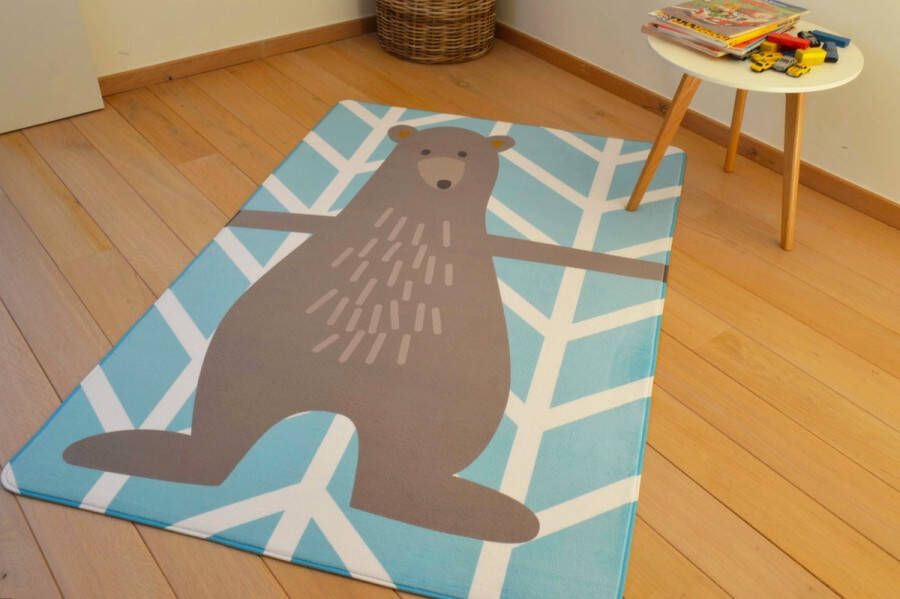 Kindertapijten.be Blauwe Beer Kindertapijt 130x180cm Ultrazacht Anti-slip Wasbaar Tapijt Kinderkamer Tapijt Kinderen Mat Kinderkamer Kindermat Groot Vloerkleed Kinderkamer Speelmat Speeltapijt Speelkleed Kindervloerkleed