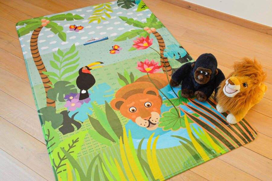 Kindertapijten.be Jungle Kindertapijt 110x170cm Ultrazacht Anti-slip Wasbaar Tapijt Kinderkamer Tapijt Kinderen Kindervloerkleed Kindermat Mat Vloerkleed Kinderkamer Speelmat Speeltapijt Speelkleed Dieren