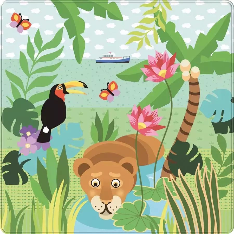 Kindertapijten.be Jungle Kindertapijt 130x130cm Ultrazacht Anti-slip Wasbaar Tapijt Kinderkamer Tapijt Kinderen Kindervloerkleed Kindermat Mat Vloerkleed Kinderkamer Speelmat Speeltapijt Speelkleed Dieren