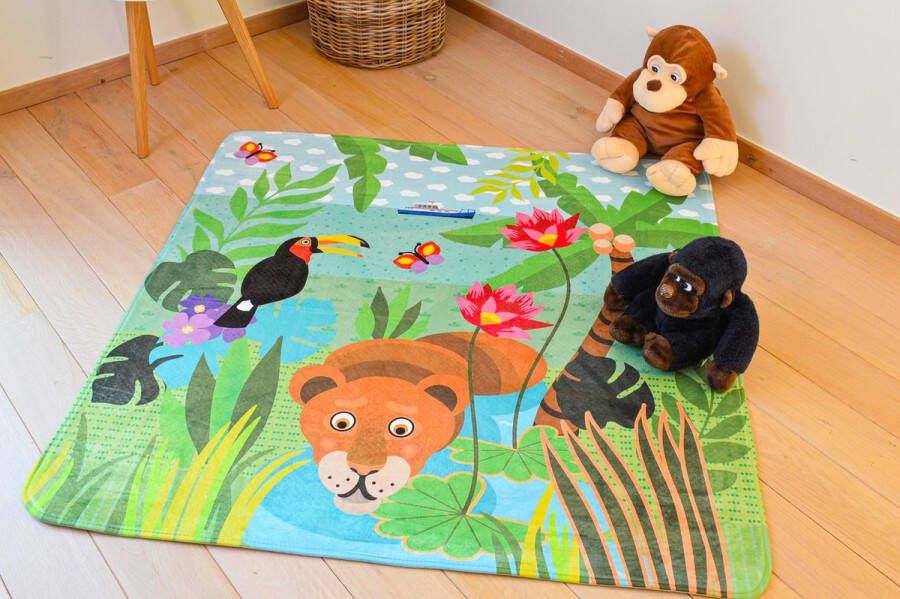 Kindertapijten.be Jungle Kindertapijt 130x130cm Ultrazacht Anti-slip Wasbaar Tapijt Kinderkamer Tapijt Kinderen Kindervloerkleed Kindermat Mat Vloerkleed Kinderkamer Speelmat Speeltapijt Speelkleed Dieren