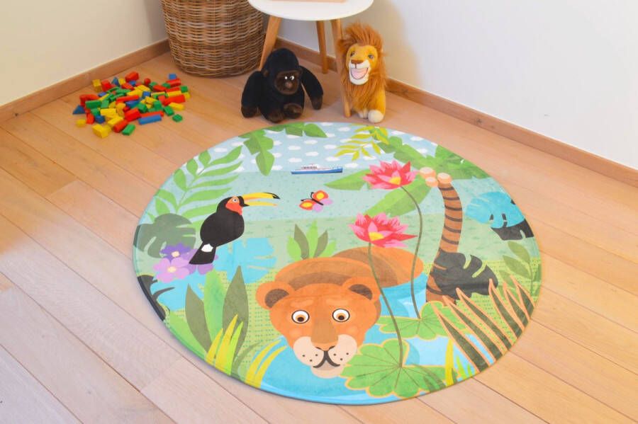 Kindertapijten.be Jungle Kindertapijt Rond 130cm diameter Ultrazacht Anti-slip Wasbaar Tapijt Kinderkamer Tapijt Kinderen Kindervloerkleed Kindermat Mat Vloerkleed Kinderkamer Speelmat Speeltapijt Speelkleed Dieren