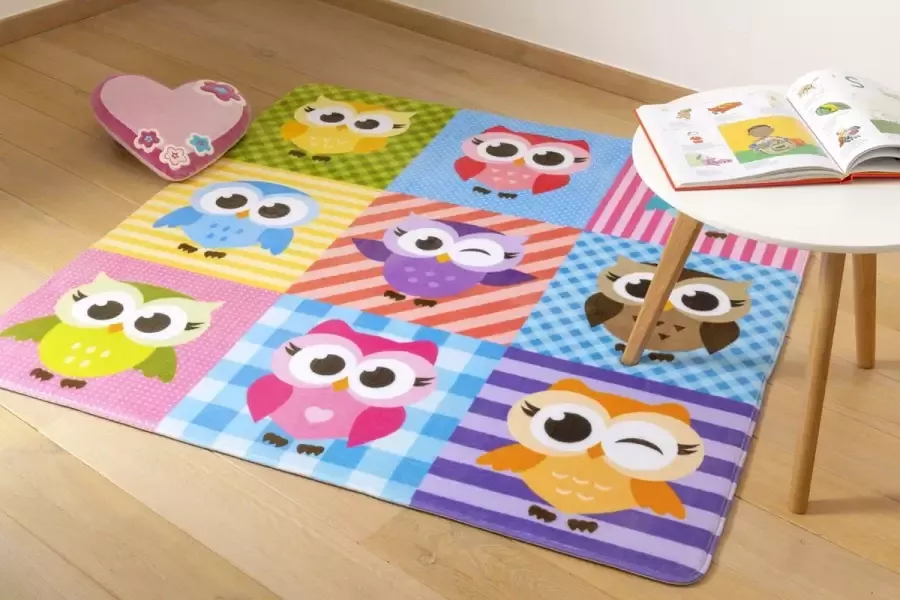 Kindertapijten.be Uiltjes Kindertapijt 100x100cm Ultrazacht Anti-slip Wasbaar Tapijt Kinderkamer Tapijt Kinderen Mat Kinderkamer Kindermat Kleurrijk Vloerkleed Kinderkamer Uil Speelmat Speeltapijt Speelkleed Baby Peuter