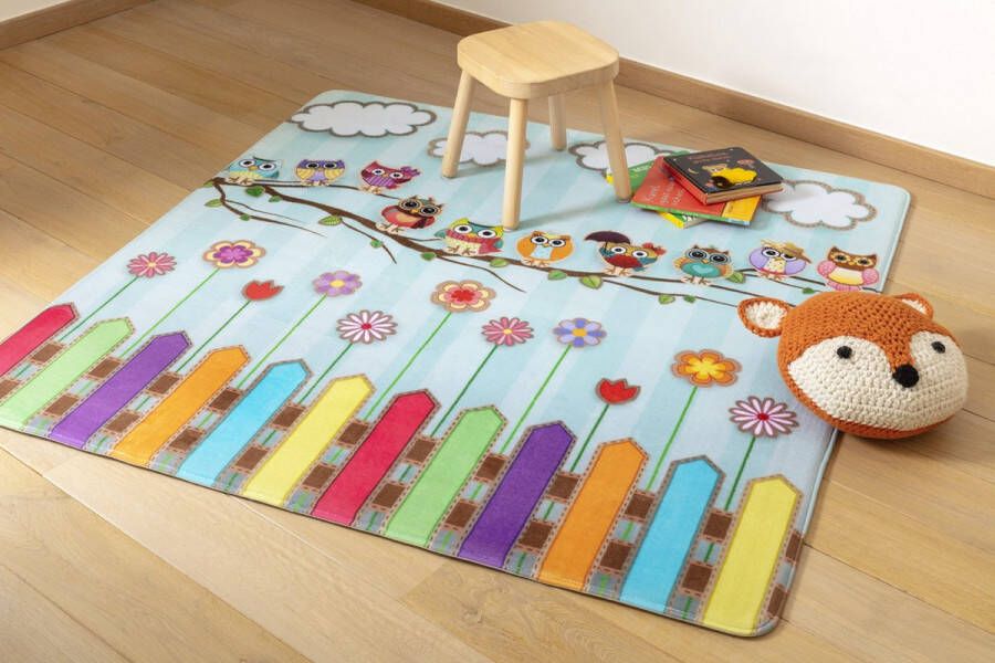 Kindertapijten.be Uiltjes op stok Kindertapijt 130x130cm Ultrazacht Anti-slip Wasbaar Tapijt Kinderkamer Tapijt Kinderen Mat Kinderkamer Kindermat Vloerkleed Kinderkamer Uil Speelmat Speeltapijt Speelkleed Baby Peuter