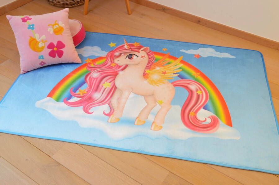 Kindertapijten.be Unicorn Eenhoorn Kindertapijt 110x170cm Ultrazacht Anti-slip Wasbaar Eenhoorn Tapijt Kinderkamer Tapijt Kinderen Mat Kinderkamer Kindermat Vloerkleed Kinderkamer Speelmat Speeltapijt Speelkleed