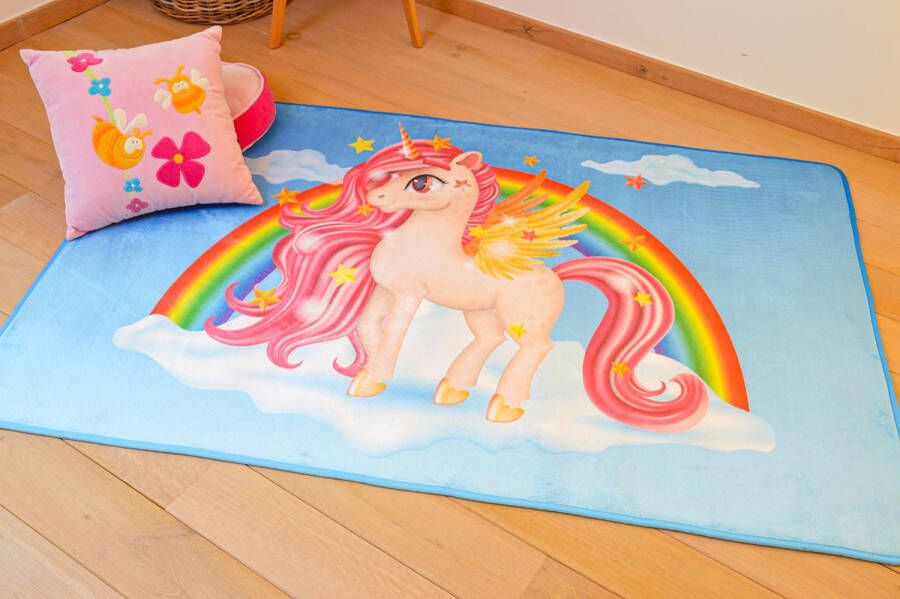 Kindertapijten.be Unicorn Eenhoorn Kindertapijt 90x130cm Ultrazacht Anti-slip Wasbaar Eenhoorn Tapijt Kinderkamer Tapijt Kinderen Mat Kinderkamer Kindermat Vloerkleed Kinderkamer Speelmat Speeltapijt Speelkleed