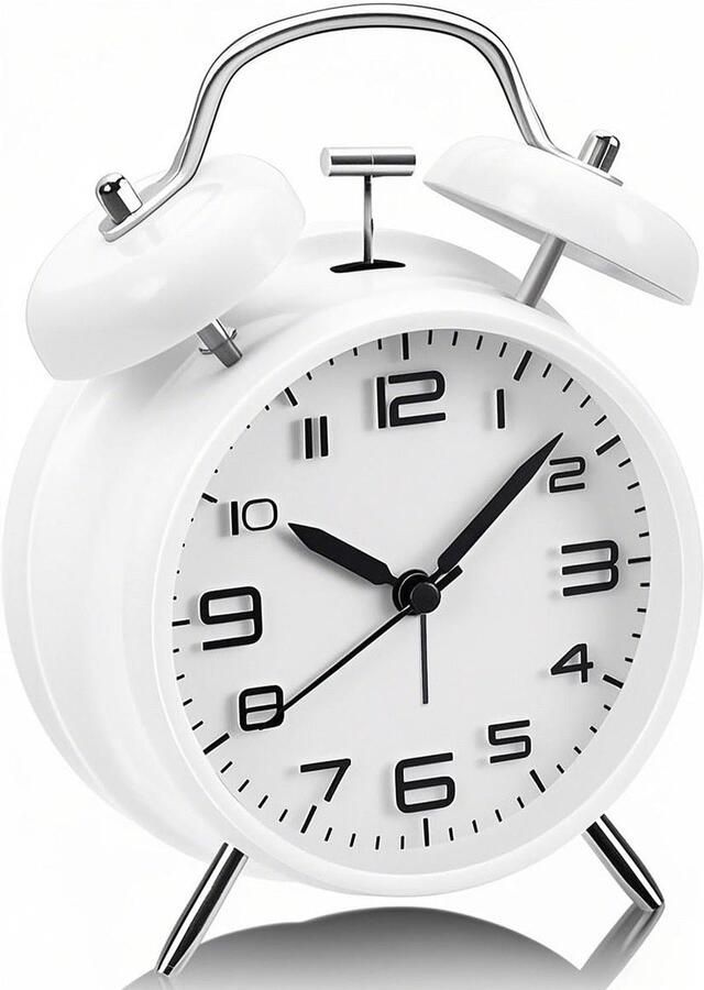 Kinderwekker analoog zonder tikken dubbele belwekker extra luid voor diepe slapers kinderwekker voor meisjes en jongens op batterijen met nachtlampje vintage metalen nachtkastje Wit