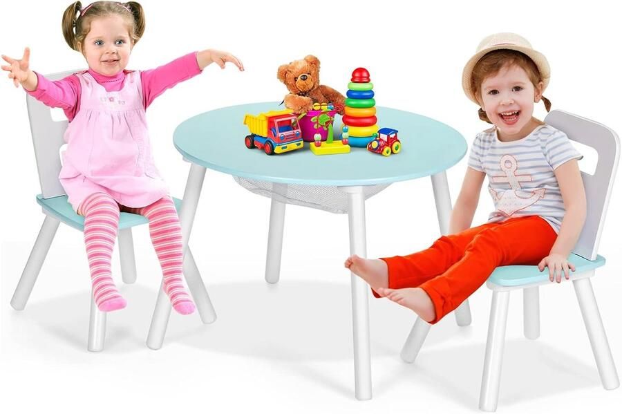 Kinderzitgroep van hout met 1 tafel en 2 stoelen kindertafel met netvak speel- en eettafelset voor meisjes en jongens ideaal om te spelen eten en leren