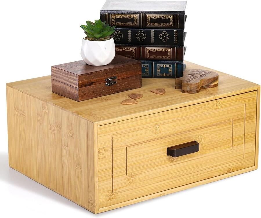 Kingrol Bamboo Desk Drawer Organizer with Handle Modular Stackable Home Office Storage Box with Drawer for Cabinet Bedroom and Bathroom 15 x 11.75 x 6.5 inches