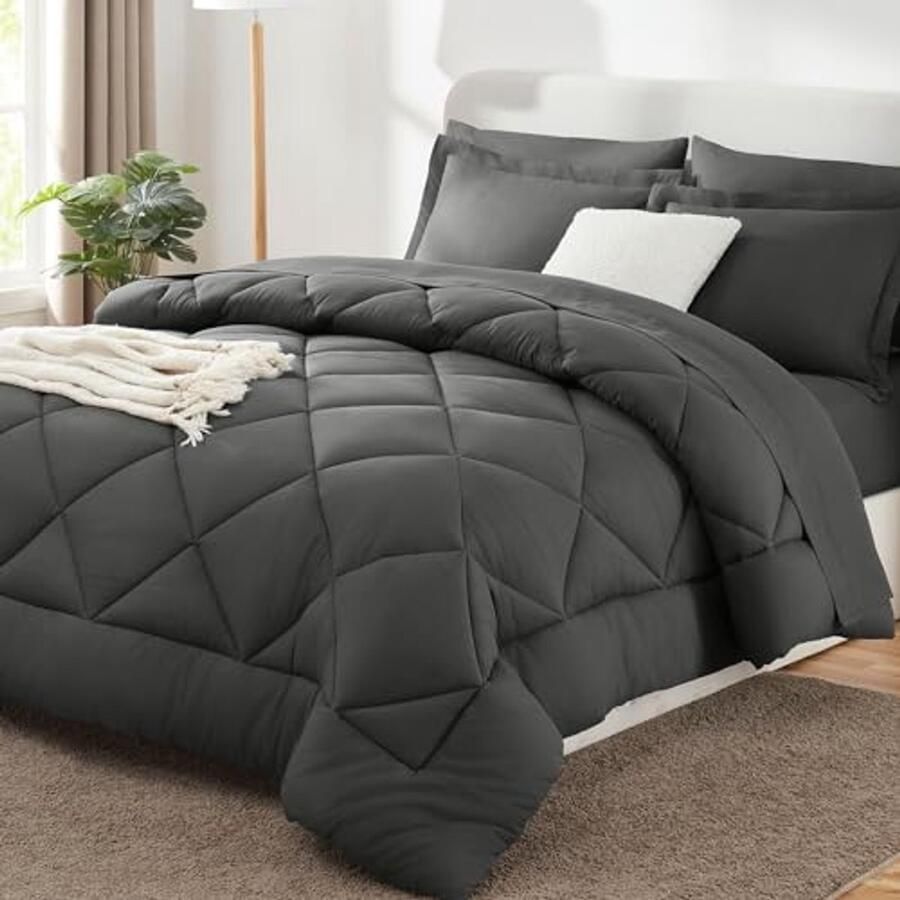 Kingsize Bed in een Tas 7-delige Dekbedset met Donkergrijs Beddengoed voor Alle Seizoenen