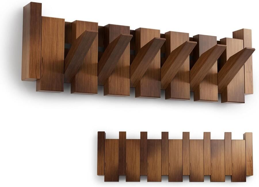 Kiseely kapstokhaak houten kapstokhaak handgemaakte aan de muur te bevestigen natuurlijke haak ruimtebesparende hanger met 10 neerklapbare haken voor woondecoratie (T87522 6 haken)