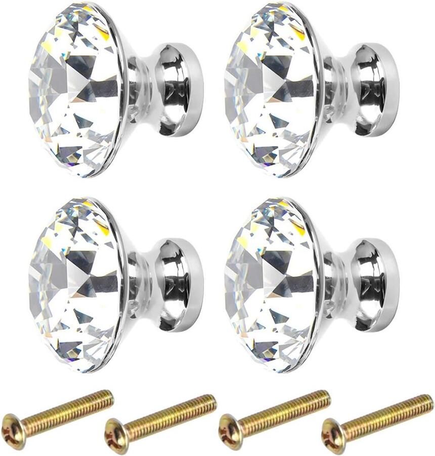 Kissral Drawer Knobs Crystal with Screws Clear 4 Pcs Drawer Handles Silver Door Knobs Vintage Wardrobe Handles Pull Handle for Chest Cabinet Kitchen Cabinet Furniture Home Decoration