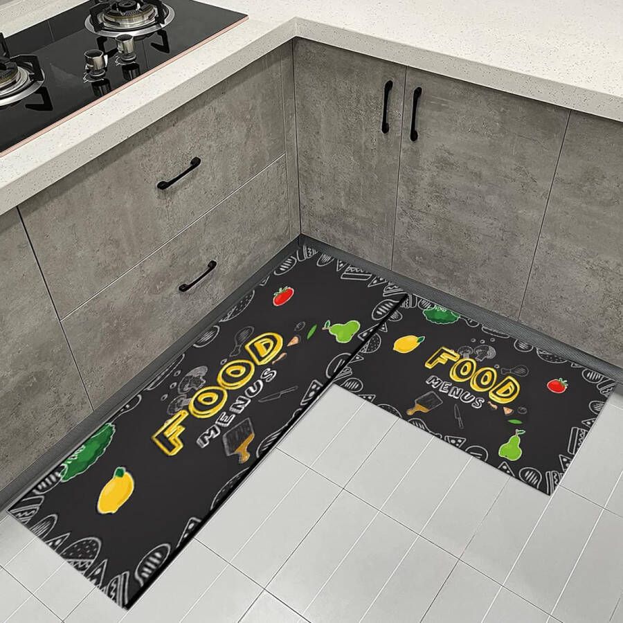 Kitchen Rug Non-Slip Kitchen Mat Rug Runner Kitchen Washable Bath Mats Dirt Trapper Mat with Natural Rubber Backing 40 x 120 cm and 40 x 60 cm Door Mat Set (Black Gold)