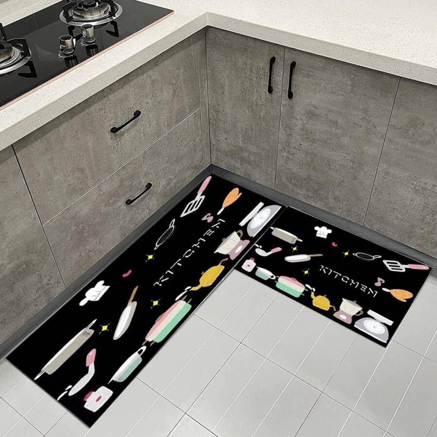 Kitchen Rug Rubber Back Kitchen Rug Runner Kitchen Runner 2 Pieces Non-Slip Washable for Hallway Kitchen 40 x 120 cm 40 x 60 cm (Black Pink)