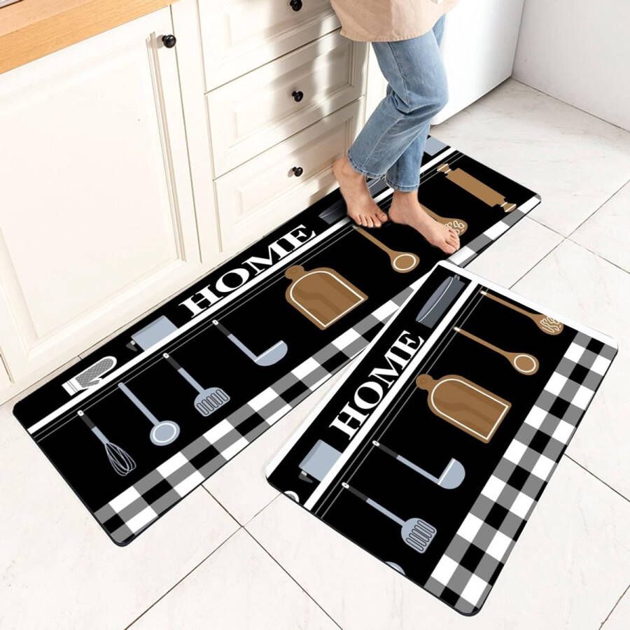 Kitchen Rug Runner Rubber Back 2 Pieces Kitchen Runner Non-Slip Washable Rug for Hallway Kitchen 40 x 120 cm 40 x 60 cm (Black White)