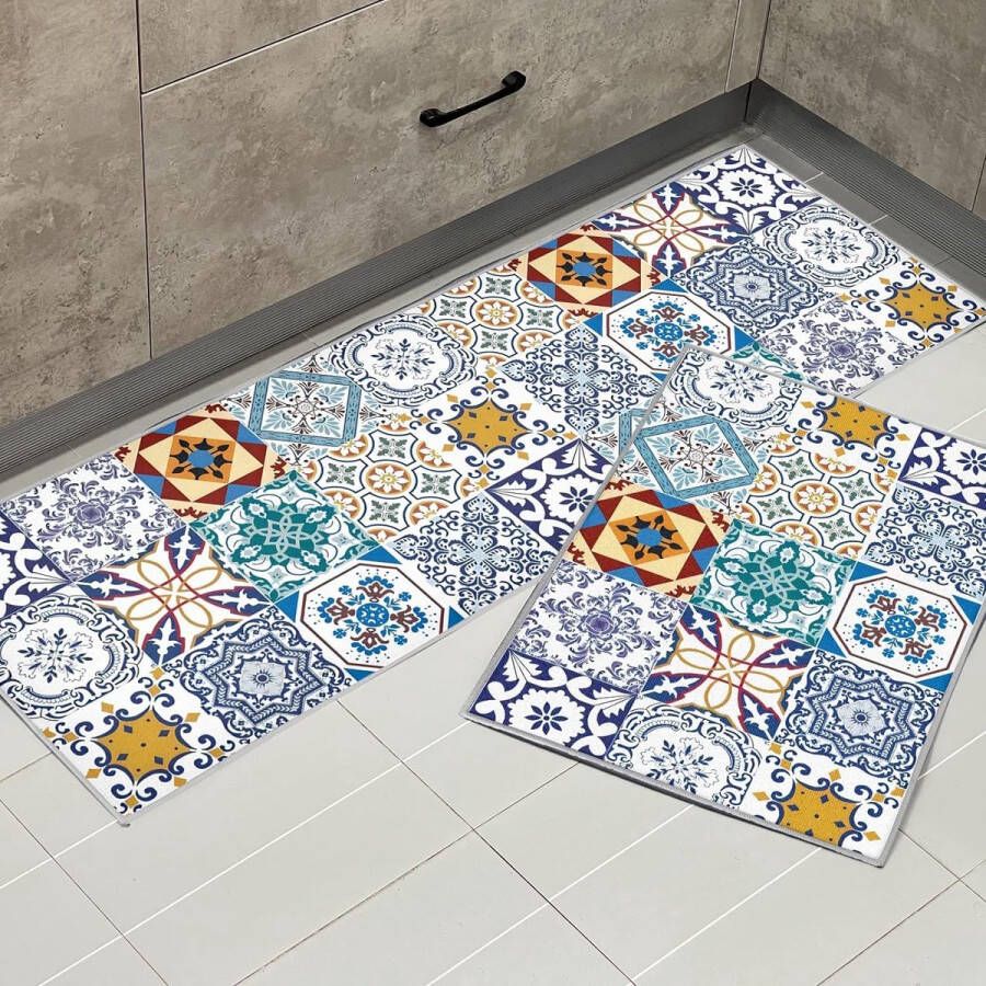 Kitchen Rugs Non-Slip Kitchen Mats Pack of 2 Washable Kitchen Rug with Sliding Sticker Dustproof Doormat for Indoor Use (Portuguese Tile 40 x 60 + 40 x 120 cm)