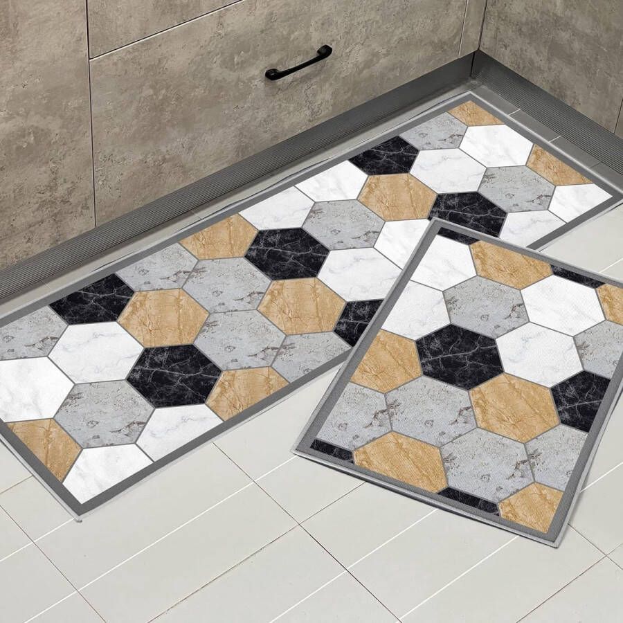 Kitchen Rugs Non-Slip Kitchen Mats Pack of 2 Washable Kitchen Rug with Sliding Sticker Dustproof Doormat for Indoor Use (Hexagon Mosaic 43 x 75 + 43 x 150 cm)