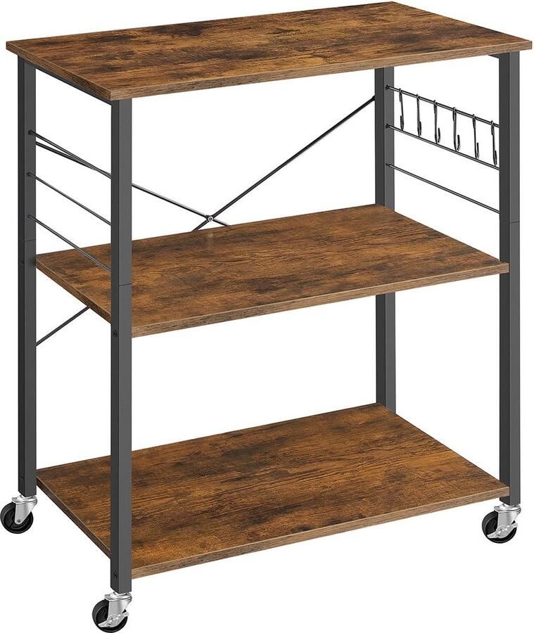 Rootz Living Rootz Kitchen Shelf 3 Tier Cart Rolling Cart Vintage Bruin Zwart Spaanplaat Staal 40cm x 80cm x 89cm