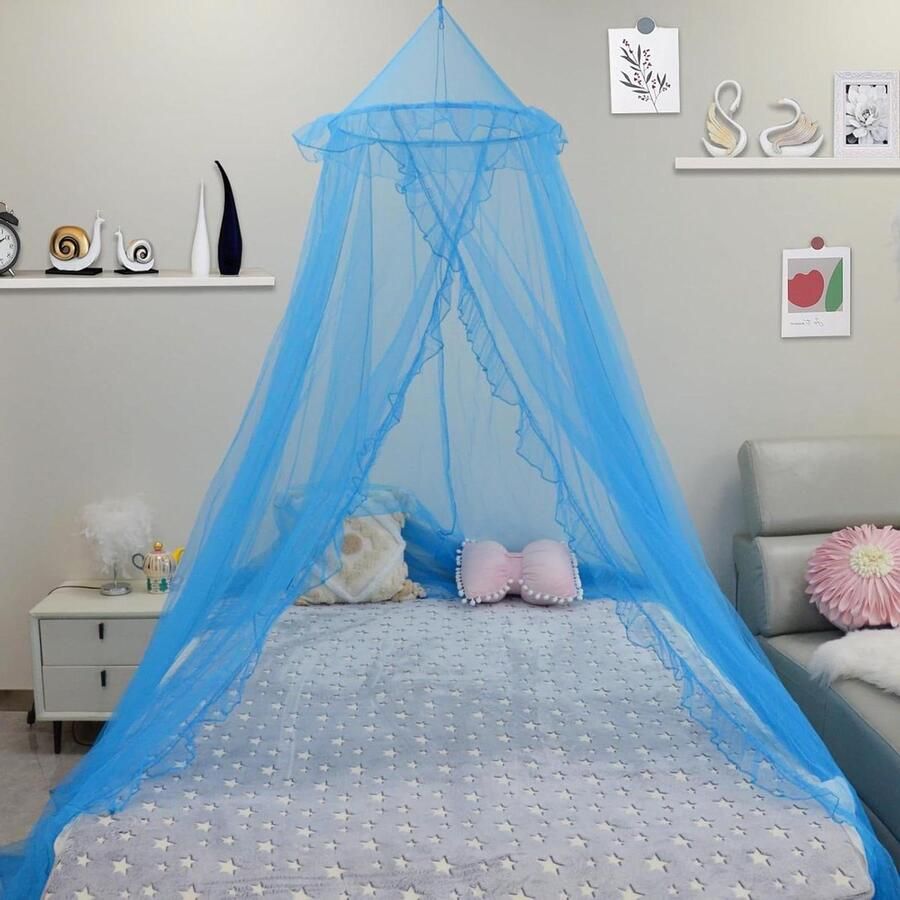 Klamboe kinderkamer bedhemel babybed 4 kleuren kanten afwerking hangend insectennet muggenbescherming decoratie blauw