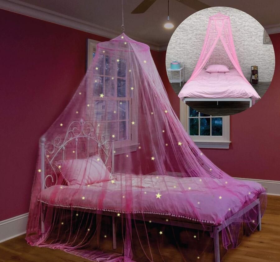 Klamboe met lichtgevende sterren voor prinsessenbed koepel klamboe om insecten te isoleren klamboe voor bed kinderkamerdecorateurs (Roze 60*250*1250cm)