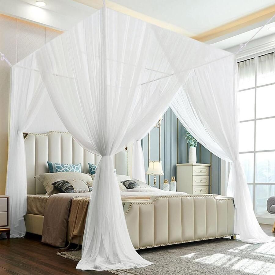 Klamboe tweepersoonsbed met 4 open rechthoekige muggennet voor bed vliegennet fijnmazig muggennet vierkant 240 x 210 x 190 cm wit