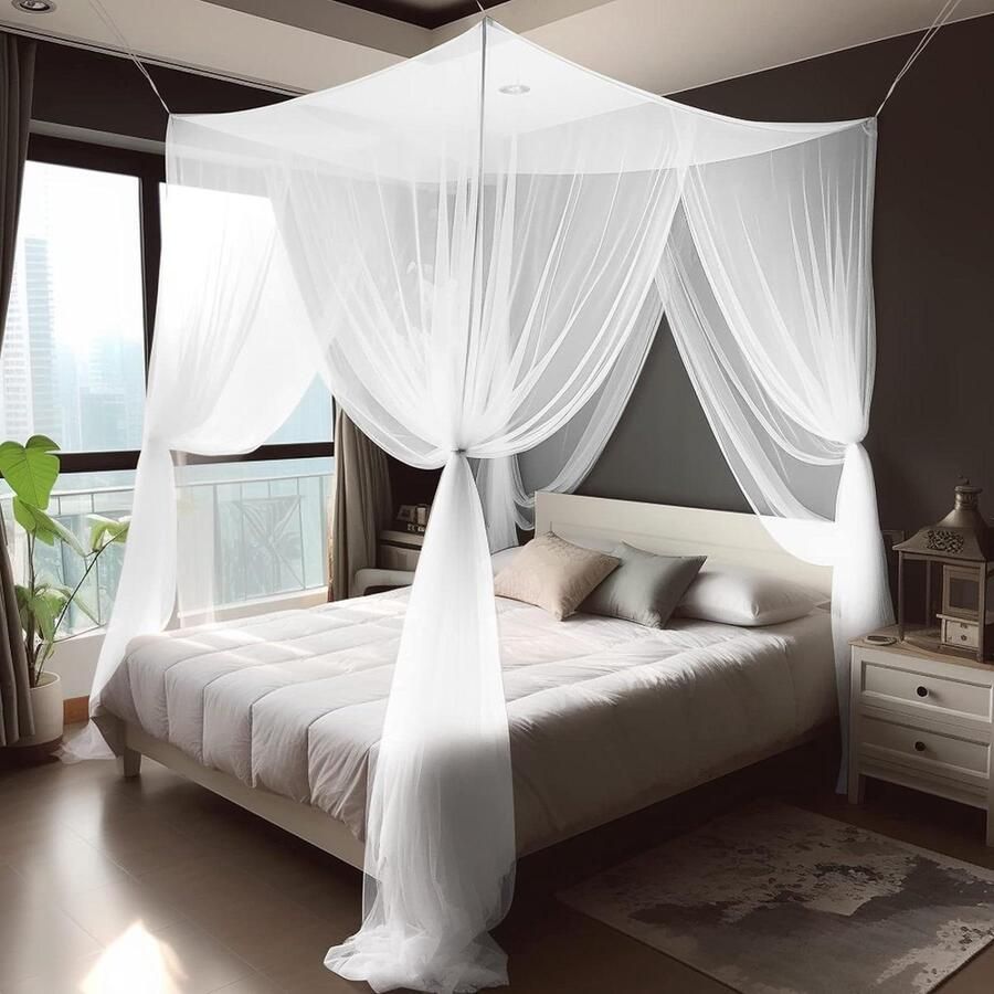 Klamboe Vliegengaas voor bed vier deuren tweepersoonsbed groot vierkant eenpersoonsbedden effectief tegen muggen verkrijgbaar in de meeste bedmaten