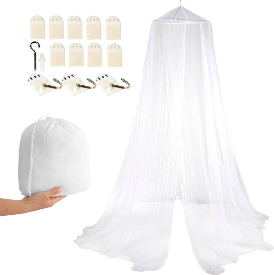 Klamboe voor bed insectenbescherming voor een- en tweepersoonsbedden ideaal voor op reis luifel inclusief pluggen zelfklevende haken en tas fijnmazig vliegenhor voor binnen en buiten [wit]